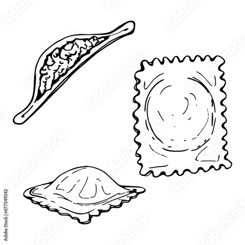 Hand drawn vector ink illustration. Ravioli pelmeni pierogi vareniki gyoza manti wonton dish. Set of single object elements isolated on white. For restaurant menu, food shop and package, flyer, print.