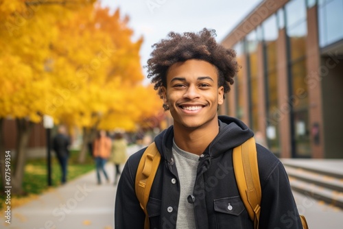 Fall Beginnings: Portrait of a Smiling Young Black Student on College Campus, Eager and Ready to Embark on the School Year Ahead