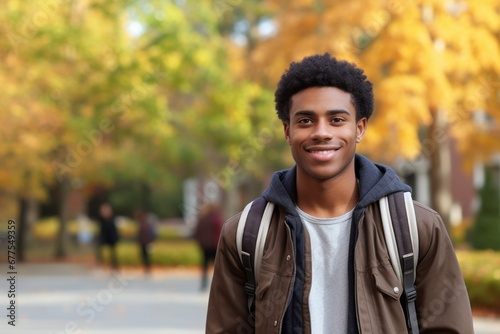 Fall Beginnings: Portrait of a Smiling Young Black Student on College Campus, Eager and Ready to Embark on the School Year Ahead