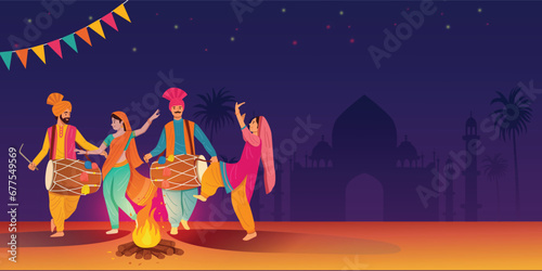 Indian man and woman in traditional dress performing folk dance on Lohri Festival