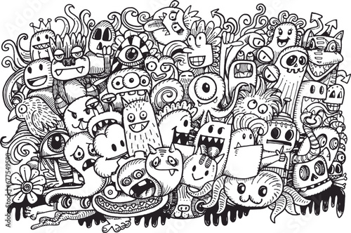 Vector illustration of Doodle cute monster,Hand drawn cartoon illustration,Funny Doodle Hand Drawn,Page for coloring.