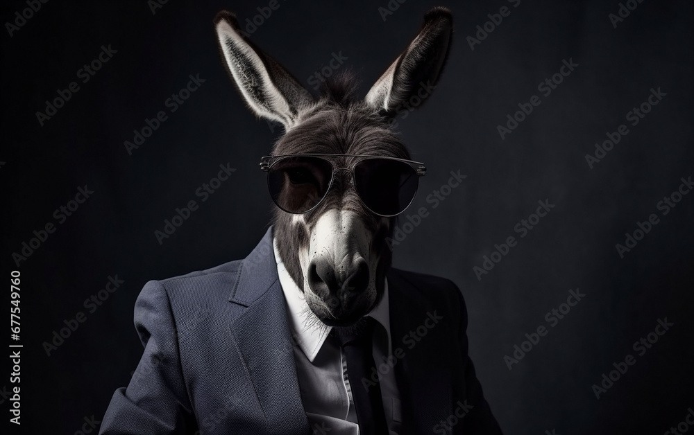 donkey animal in the form of a man in a suit and sunglasses, a joke on the boss, director, generative ai donkey animal in the form of a man in a suit and sunglasses, a joke on the boss, director, generative ai