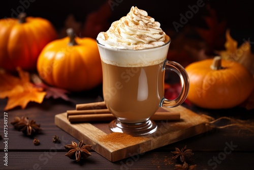 Autumn Indulgence: Pumpkin Spice Latte Crowned with Whipped Cream and a Sprinkle of Cinnamon, a Cozy Sip of Fall Flavor