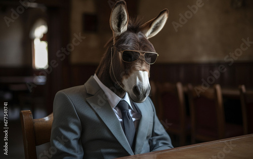 donkey animal in the form of a man in a suit and sunglasses, a joke on the boss, director, generative ai