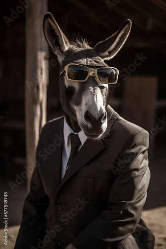donkey animal in the form of a man in a suit and sunglasses, a joke on the boss, director, generative ai
