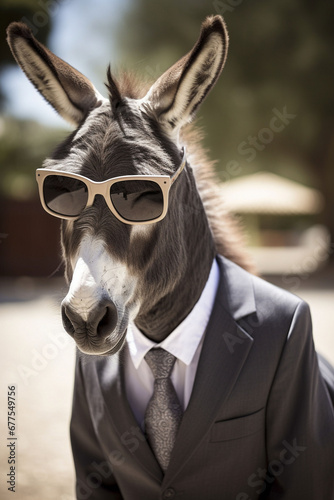 donkey animal in the form of a man in a suit and sunglasses, a joke on the boss, director, generative ai
