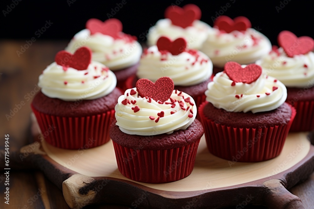 Sweet Romance: Red Velvet Cupcakes Adorned with Luscious Cream Cheese Frosting, a Delectable Treat for Valentine's Day