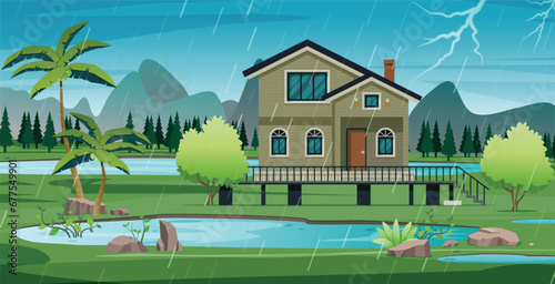 Countryside house with rain falling among mountains.