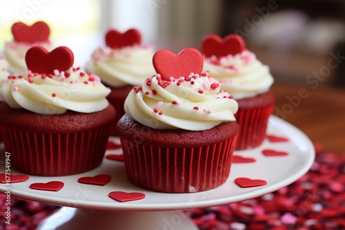 Sweet Romance: Red Velvet Cupcakes Adorned with Luscious Cream Cheese Frosting, a Delectable Treat for Valentine's Day