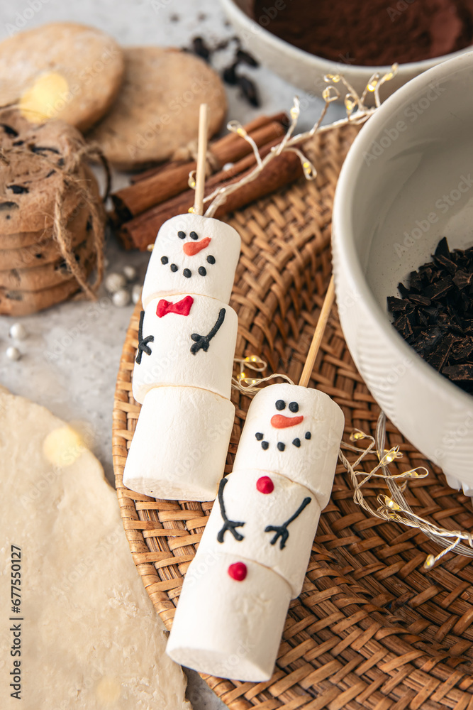 Snowman made of marshmallows, Christmas winter holiday decoration.