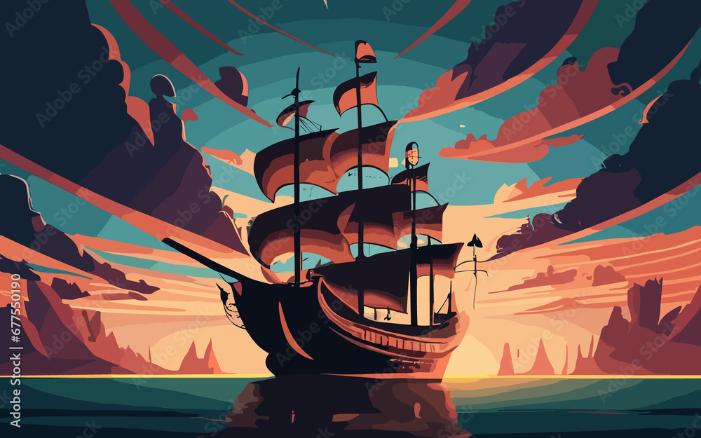 Illustration old ship with waves in style retro design - obrazy, fototapety, plakaty 