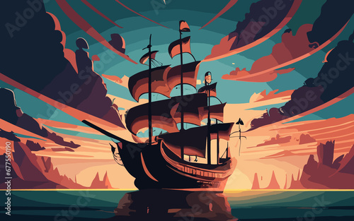 Illustration old ship with waves in style retro design