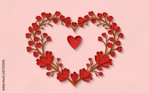 Valentine s day paper cut romantic scene with red hearts on a pastel pink table
