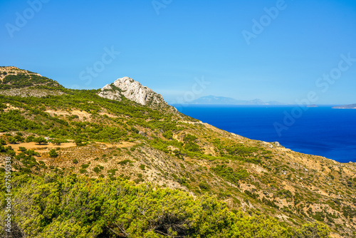 View of the landscape and the Mediterranean Sea from a mountain on the Greek island of Kos. 