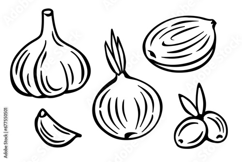 Linocut style drawing of vegetables: Onion, Garlic, olive