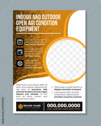 indoor and outdoor open air conditioner equipment flyer design template. air condition problem solutions service brochure. space for photo with dot circle haltfonte pattern. white background photo