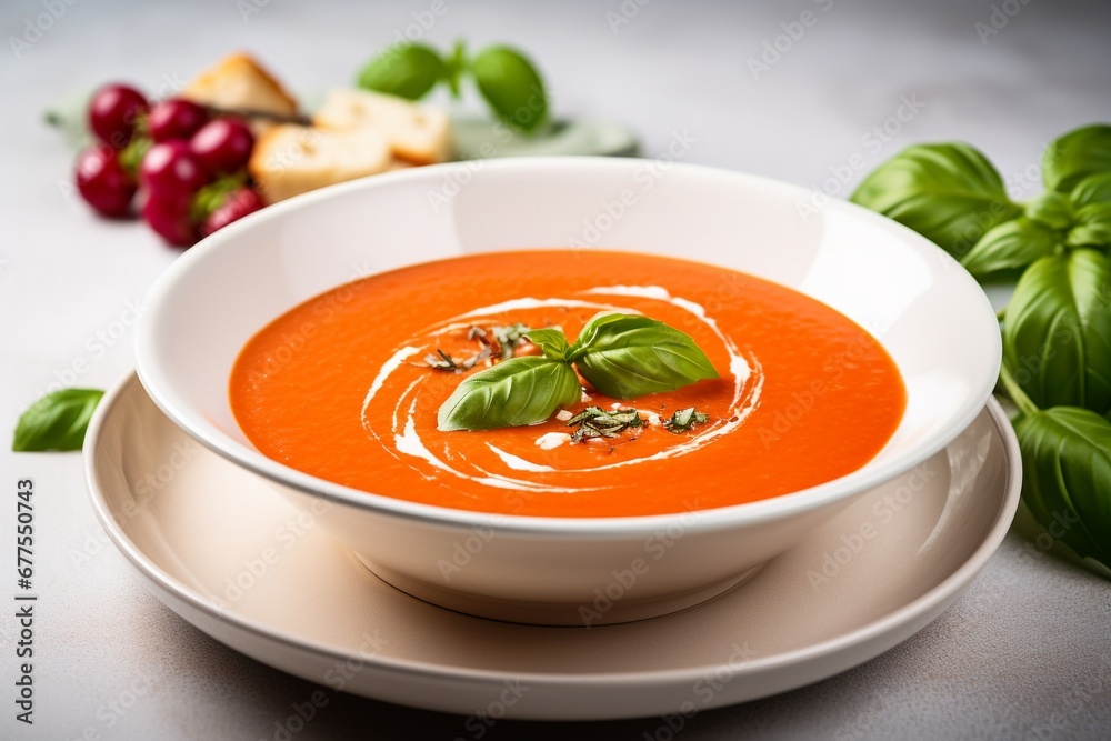 Simplicity in a Bowl: Tomato Soup Served on a White Table, Garnished with Fresh Basil Leaves for a Burst of Flavor and Freshness Simplicity in a Bowl: Tomato Soup Served on a White Table, Garnished with Fresh Basil Leaves for a Burst of Flavor and Freshness