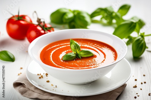 Simplicity in a Bowl: Tomato Soup Served on a White Table, Garnished with Fresh Basil Leaves for a Burst of Flavor and Freshness