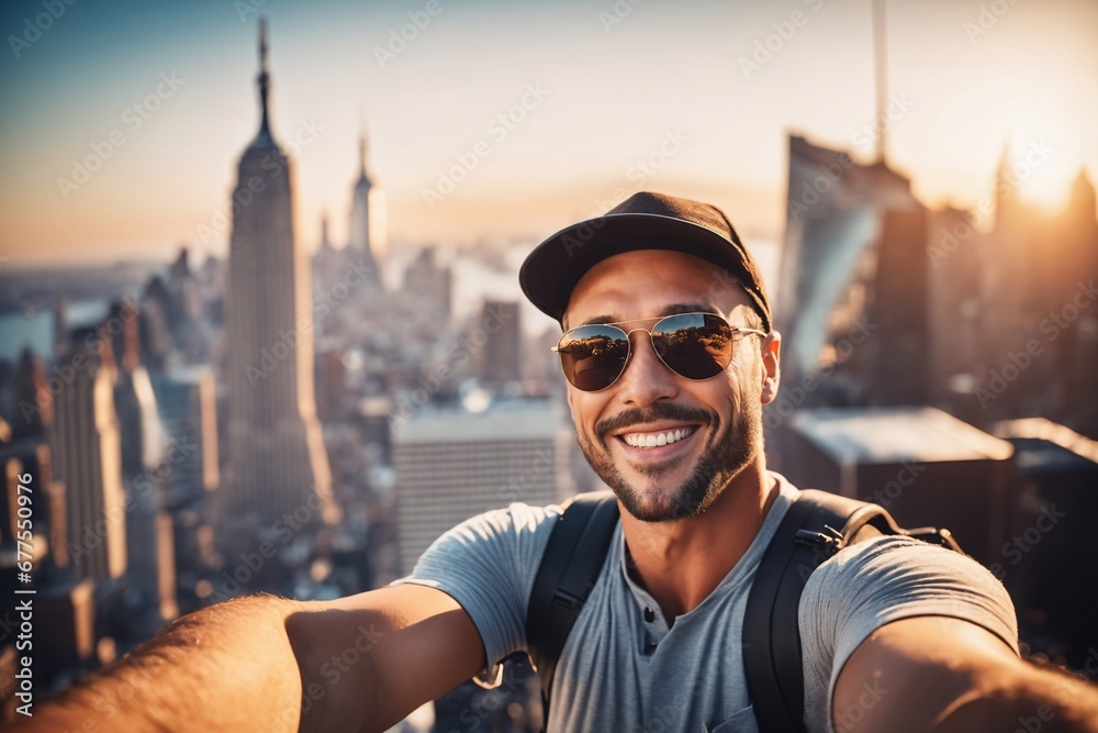 Ein junger hübscher Mann macht ein Selfie von sich. Er trägt Freizeitkleidung eine Kopfbedeckung und eine Sonnenbrille. Im Hintergrund ist die Skyline von New York. - obrazy, fototapety, plakaty 