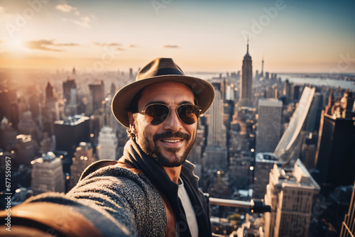 Ein junger hübscher Mann macht ein Selfie von sich. Er trägt Freizeitkleidung eine Kopfbedeckung und eine Sonnenbrille. Im Hintergrund ist die Skyline von New York.