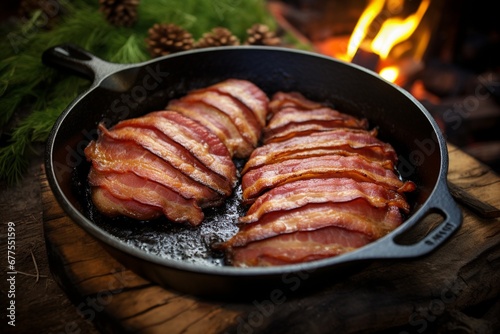 Sizzling Perfection: Turkey Bacon Expertly Cooked in a Cast Iron Pan, a Healthier Twist on a Classic Breakfast Delight