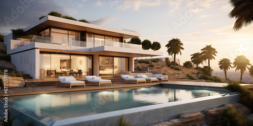 Luxurious modern holiday home with swimming pool. Sun loungers  relaxing holiday