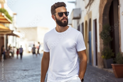 White blank t shirt mock up. Men street background © dashtik