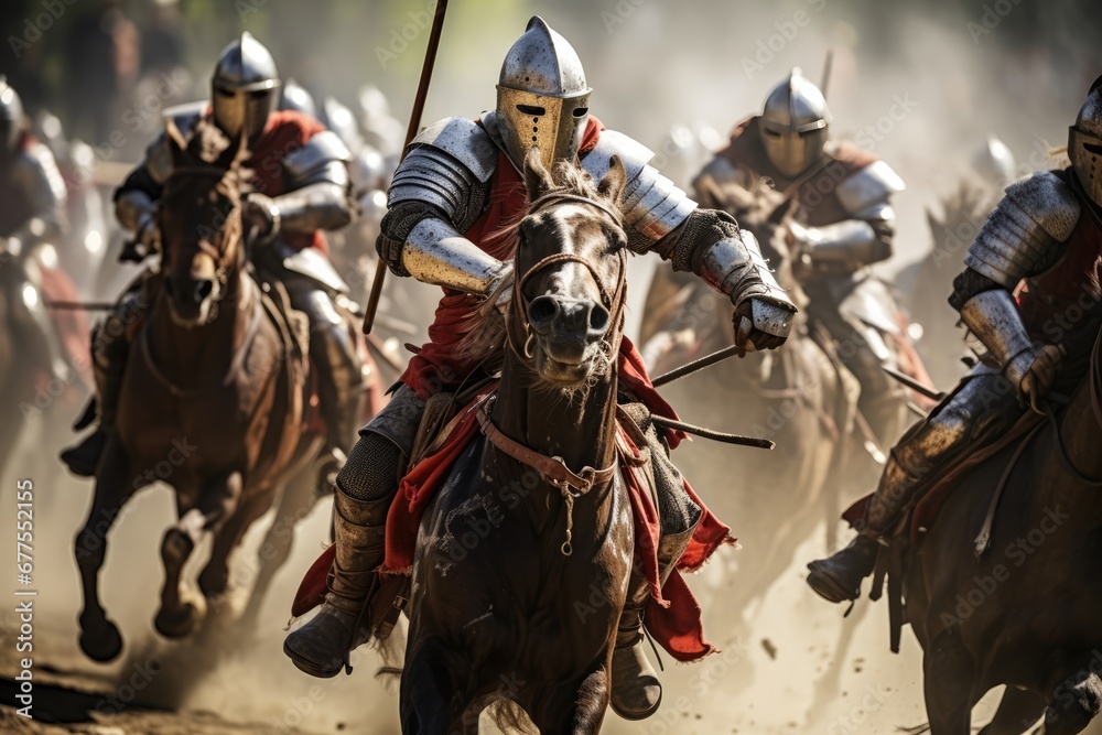 Knights Engaged In Fierce Battle On Horseback. Сoncept Ancient Greek Mythology, Exquisite Ballet Performances, Vibrant Street Art, Serene Landscapes - obrazy, fototapety, plakaty 