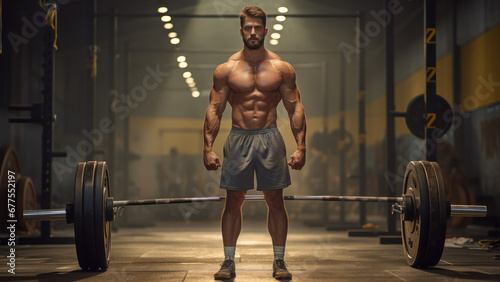Photo of a strong man in the gym lifting a dumbbell.
