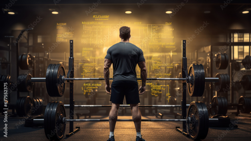 Photo of a strong man in the gym lifting a dumbbell. - obrazy, fototapety, plakaty 