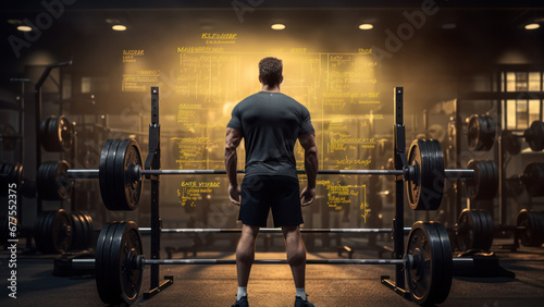 Photo of a strong man in the gym lifting a dumbbell. photo