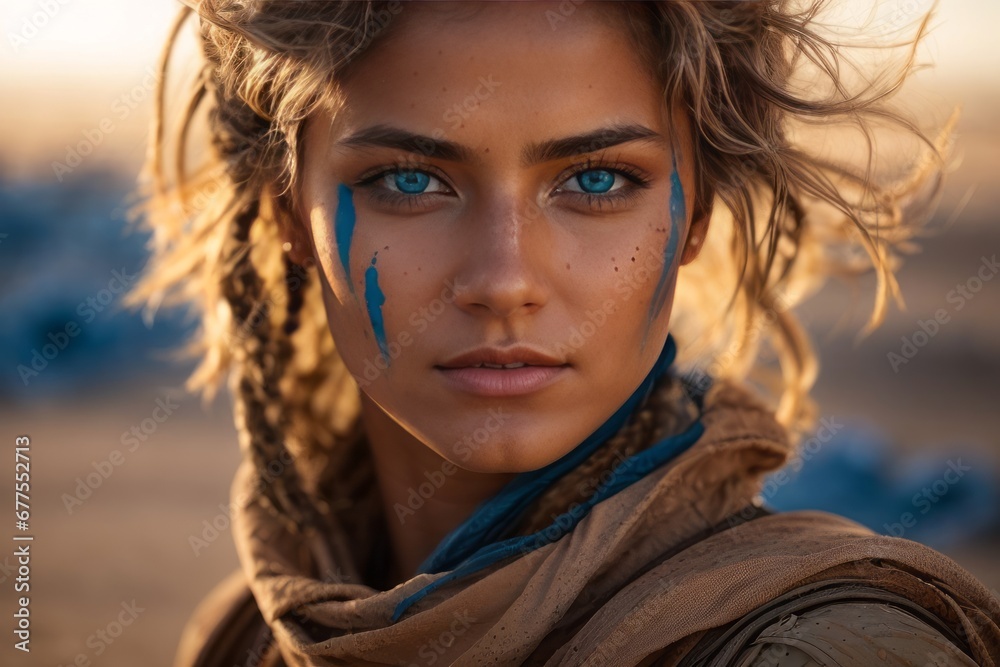 Beautiful post-apocalyptic tribal woman looks into the camera close-up Beautiful post-apocalyptic tribal woman looks into the camera close-up