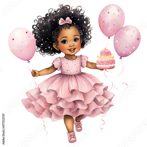 Cute Birthday Baby Girl African American Watercolor Clipart Illustration