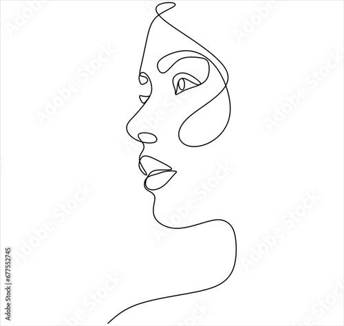 Continuous line drawing of Portrait of a Beautiful Woman's face. The Concept of Skin Beauty Care for young female models. Fashion beauty model with a white background. Vector