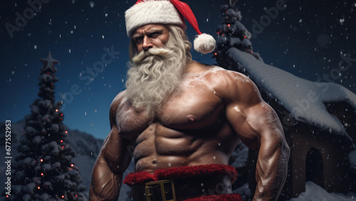 Photo of a strong and muscular Santa Claus on a winter background with gifts and Christmas decorations.