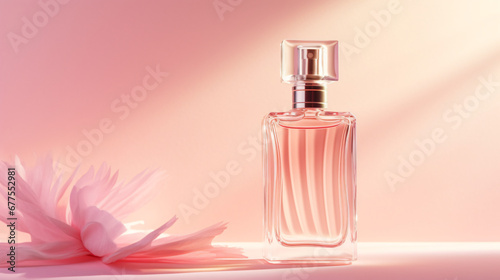 Transparent bottle of perfume on a pink background