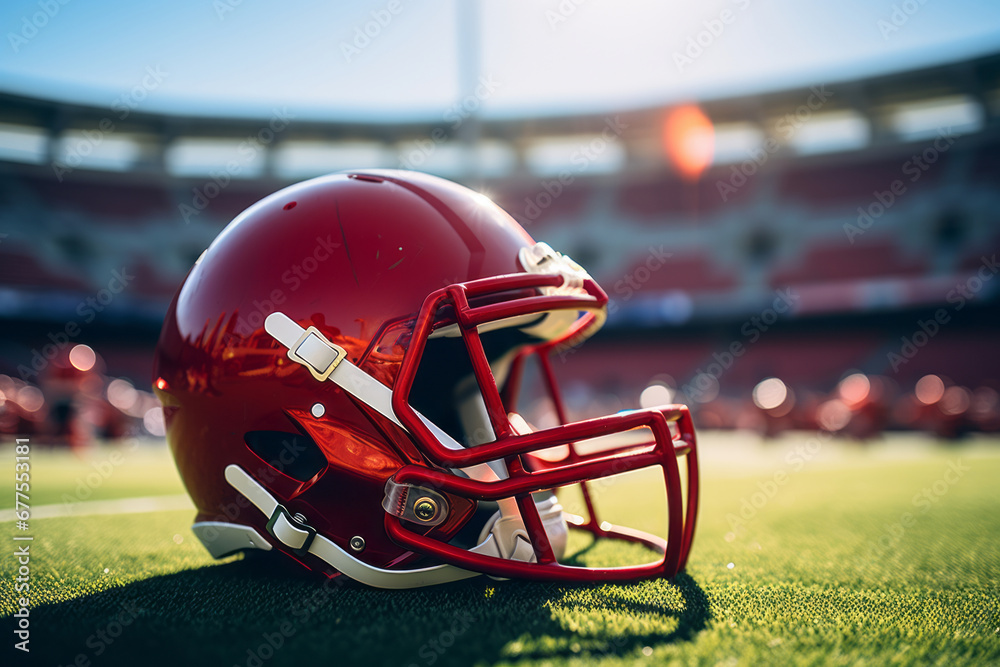 Close-up shot of American football helmet lying on green field of football stadium. Protective helmet with wire mask is an important element of a football player's equipment. Blurred background. Close-up shot of American football helmet lying on green field of football stadium. Protective helmet with wire mask is an important element of a football player's equipment. Blurred background.