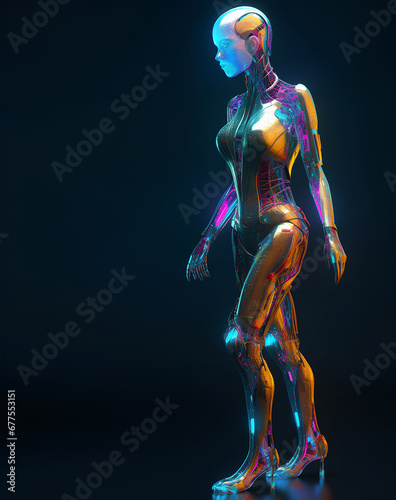 Female android in bright colorful costume. Fashion of future concept. © tynza