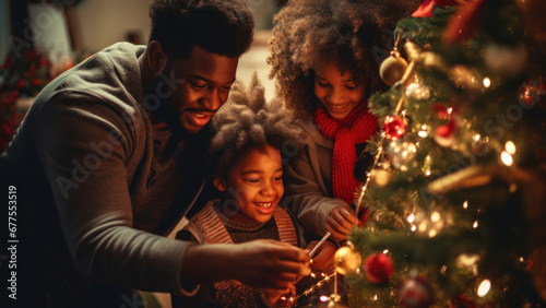 Happy family on Christmas night near a decorative Christmas tree.