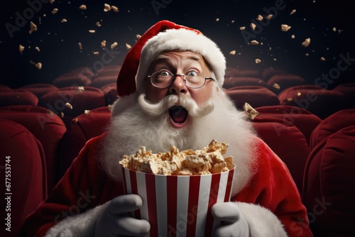 Santa Claus In Movie Theater During Christmas. Сoncept Christmas Movie Marathon, Santa Claus Surprise, Festive Decor, Holiday Cheer, Movie Theater Magic