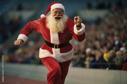 Santa Claus In Sports Stadium, Participating In Lively Reindeer Race Competition photo