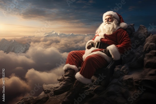 Santa Claus On Mountain Peak, Meditating And Finding Inner Peace