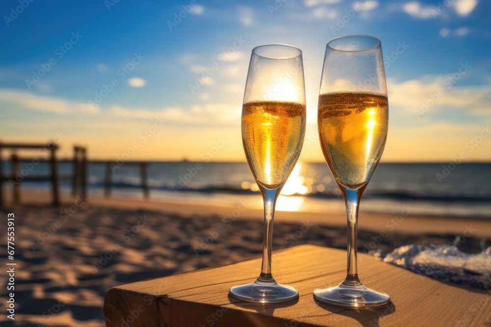 Two Champagne Glasses Toasting At New Years Party On Beach
