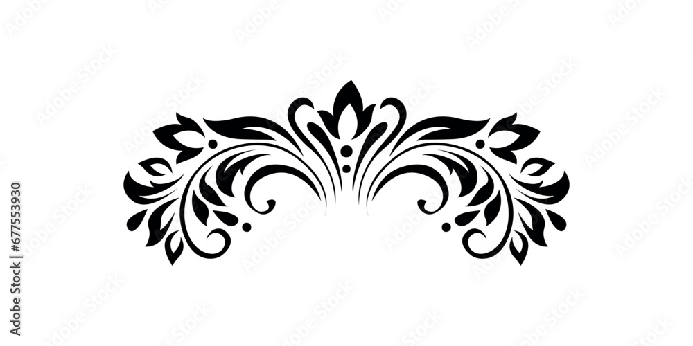 Abstract pattern, decorative element, clip art with stylized leaves, flowers and curls in black lines on white background. Central top ornament Abstract pattern, decorative element, clip art with stylized leaves, flowers and curls in black lines on white background. Central top ornament
