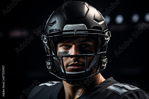 Close-up portrait of professional American football player in black jersey. Determined, powerful, skilled Caucasian athlete wearing helmet with protective mask. Black background. © Georgii