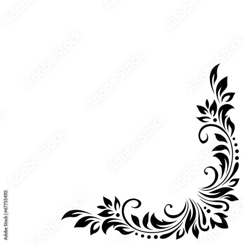 Abstract pattern, decorative element, clip art with stylized leaves, flowers and curls in black lines on white background. Corner vintage ornament, border, frame