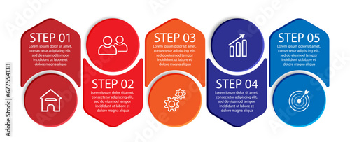 Five step, simple 3D infographic design with colorful colors, icons, text and lines. Great for your business presentations