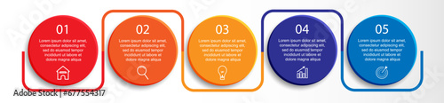 Five step, simple 3D infographic design with colorful colors, icons, text and lines. Great for your business presentations
