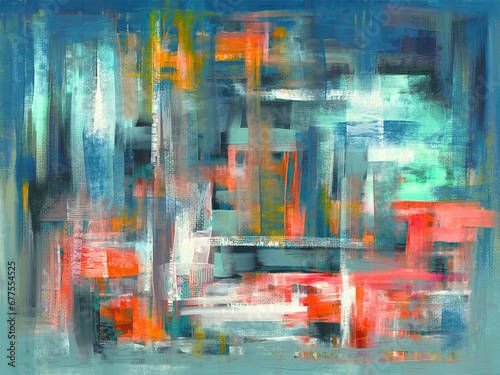 Fototapeta Naklejka Na Ścianę i Meble -  Abstract painting on canvas for cover, with accents of turquoise and orange paint, hand-drawn artwork in a modern style