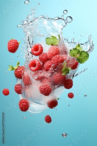 Flying mix berries with splash on blue background.